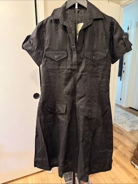 Olian Black Short-Sleeve Shirt maternity Dress with Front Pockets 100% linens S